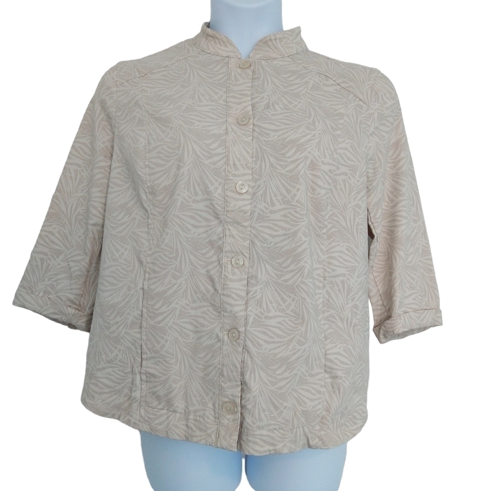 Chico's Beige Palm Leaf 3/4 Sleeve Jacket Pockets Lightweight Stretchy Modern